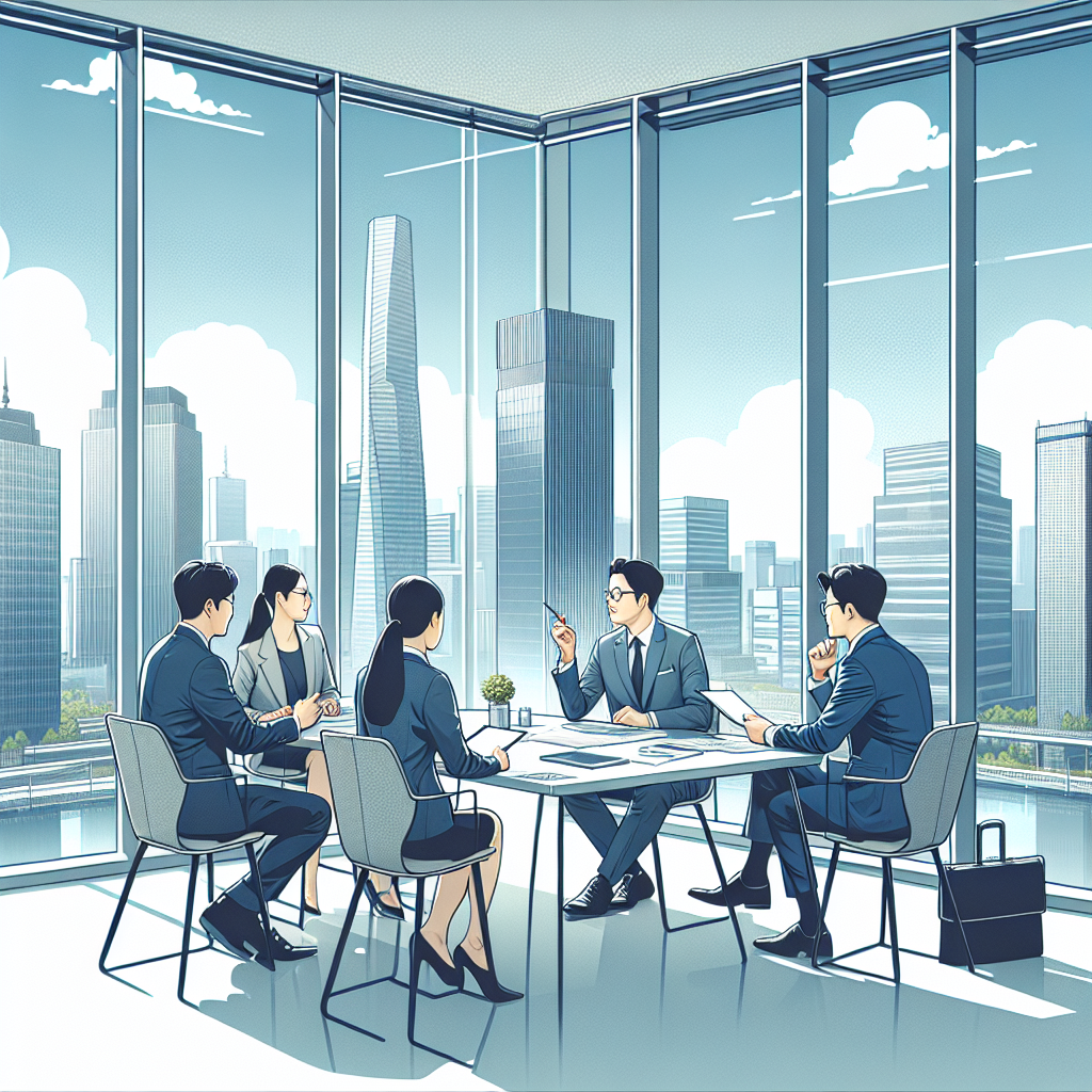Business professionals strategizing in a modern Korean office with city views.