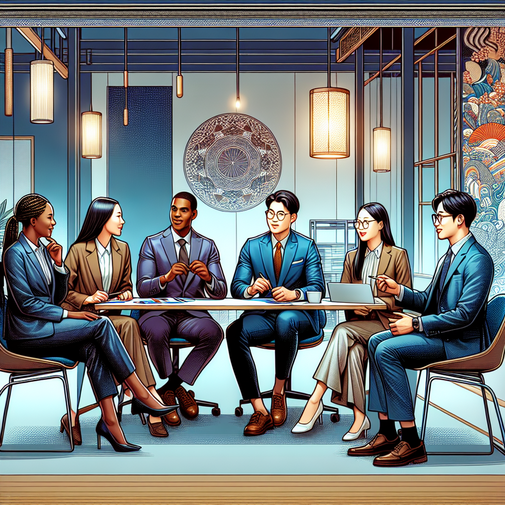 Entrepreneurs collaborating in a modern office, inspired by Korean culture and business environment.