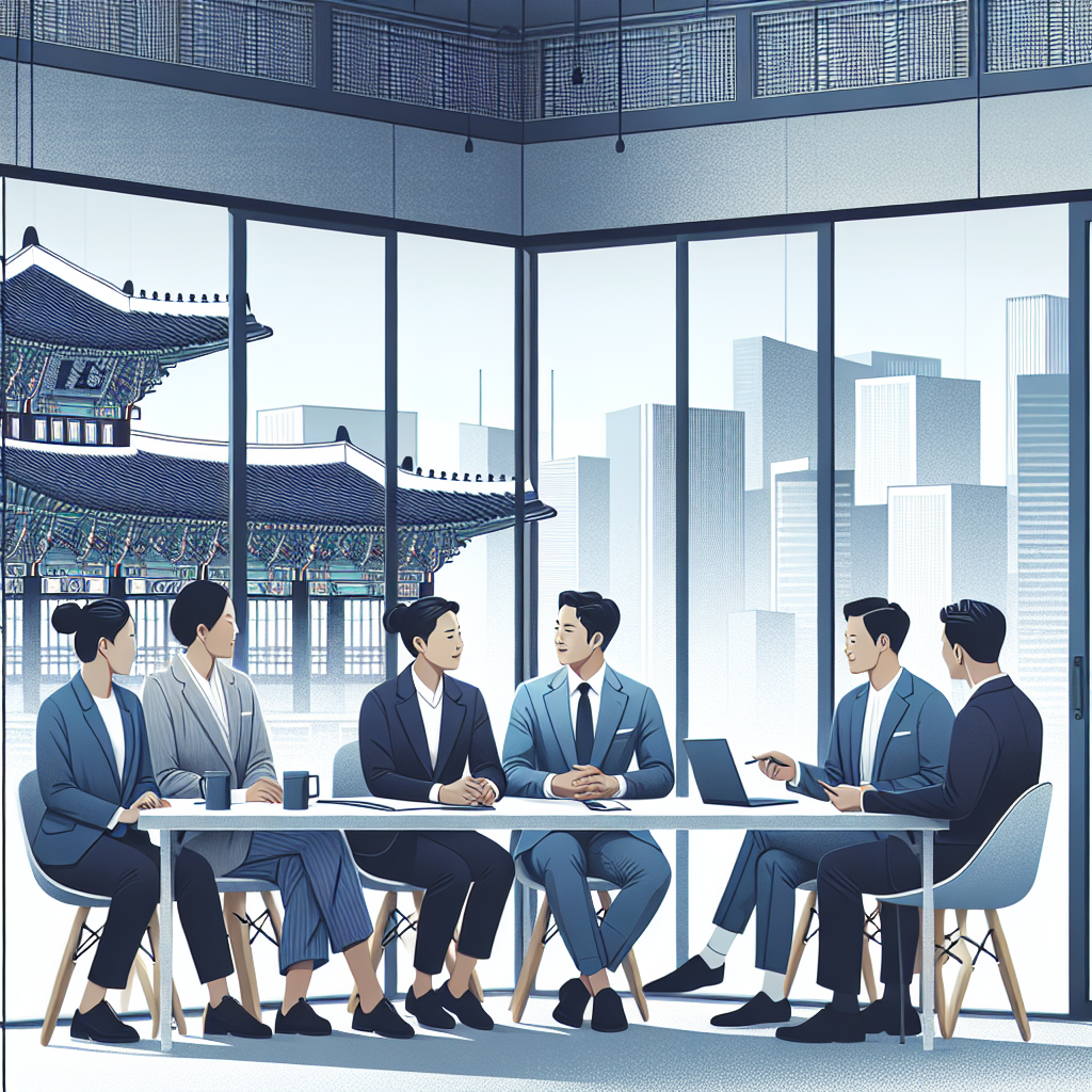Entrepreneurs discussing business strategies in a modern Korean setting.