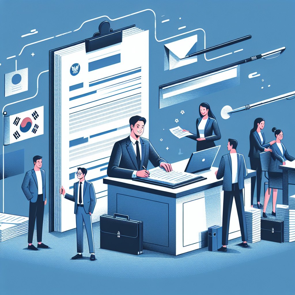 Illustration of business registration in Korea, showcasing corporate elements and a professional atmosphere.